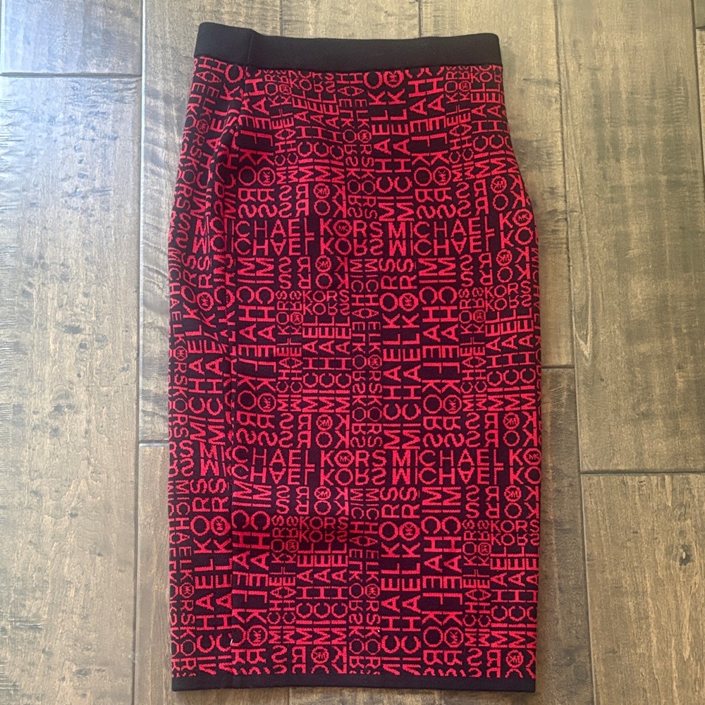 Michael Kors Black Pencil Skirt with Red Logo Pattern